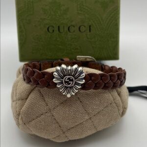 Gucci Brown Braided Leather Bracelet with Silver Floral Detail Full inc
